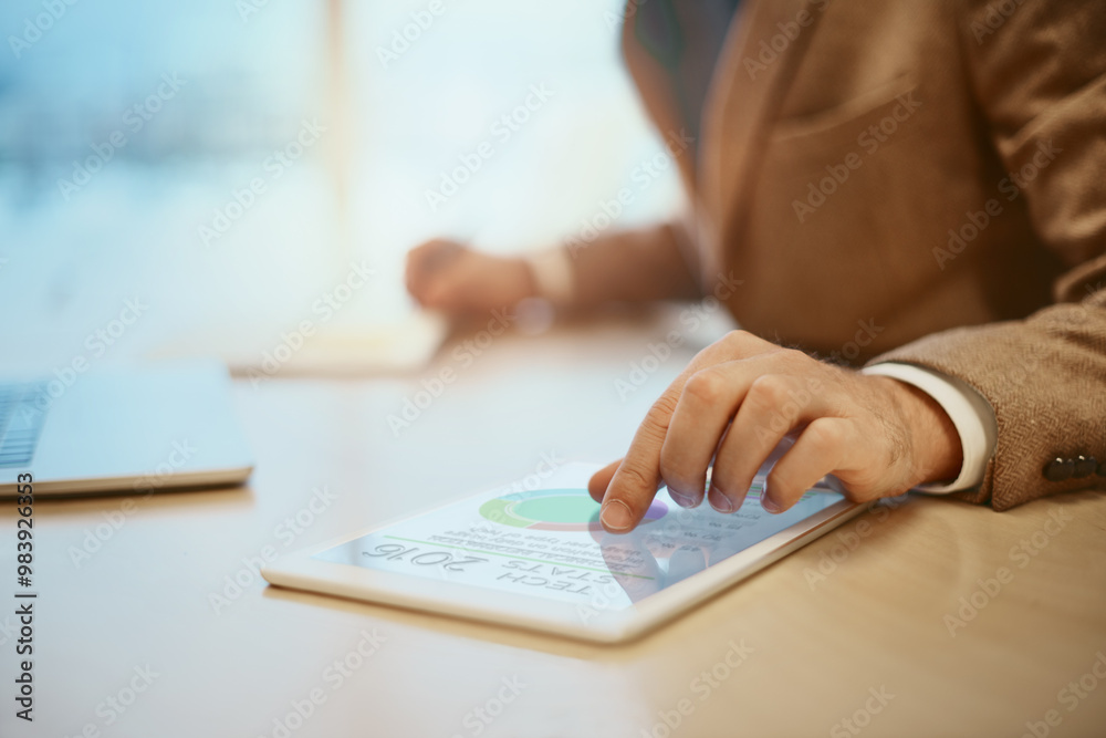 Aufkleber hands, tablet and graphs with notes, documents and entrepreneur for connection at digital agency as 