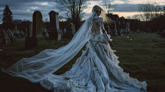 A zombie bride in a torn wedding dress, walking through a graveyard at dusk, with a veil dragging behind her.