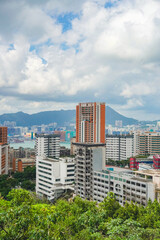 Fototapeta premium The high-rise apartment buildings in Hong Kong island that surrounded with nature on both Central and Kowloon island
