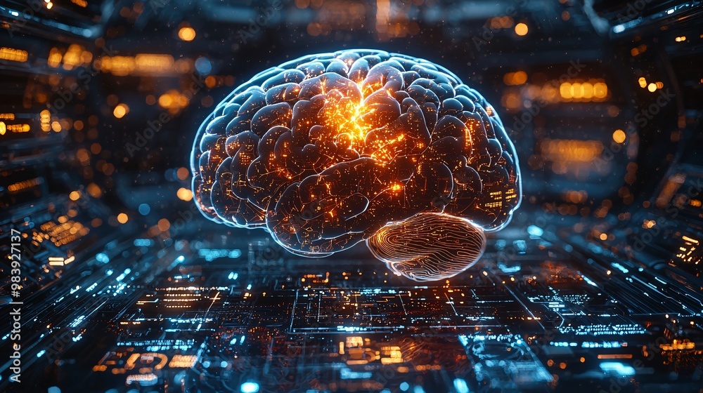 Wall mural a futuristic representation of the impact of multiple sclerosis on brain volume and the loss of whit