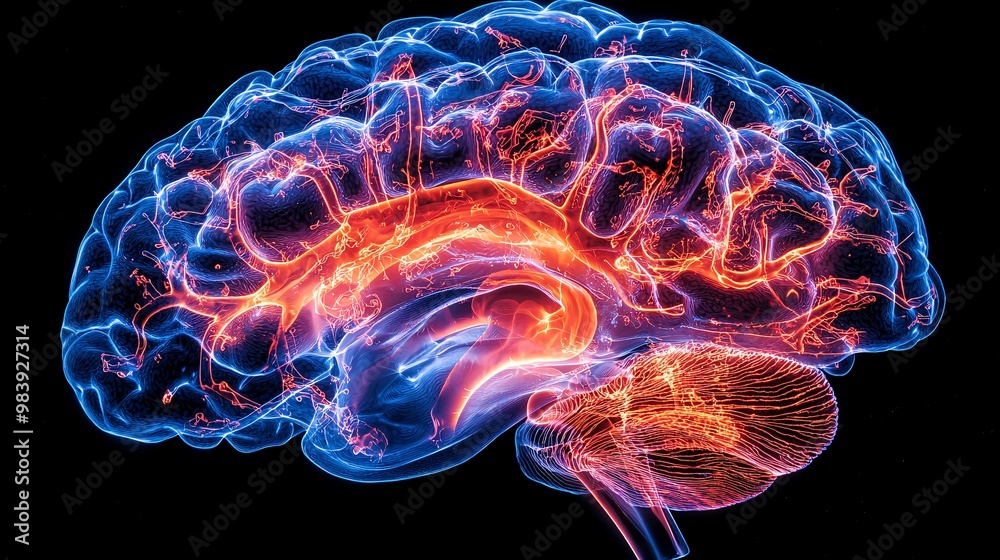 Wall mural a futuristic visual representation of how ms causes the brain to atrophy over time, showing shrinkin