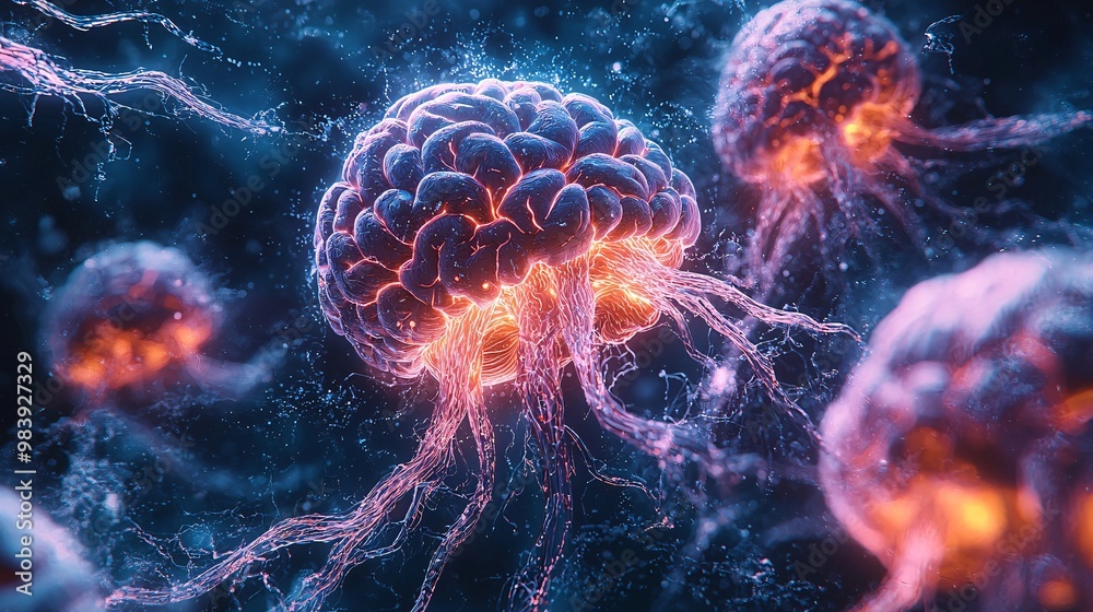 Wall mural a futuristic visual representation of how ms causes the brain to atrophy over time, showing shrinkin