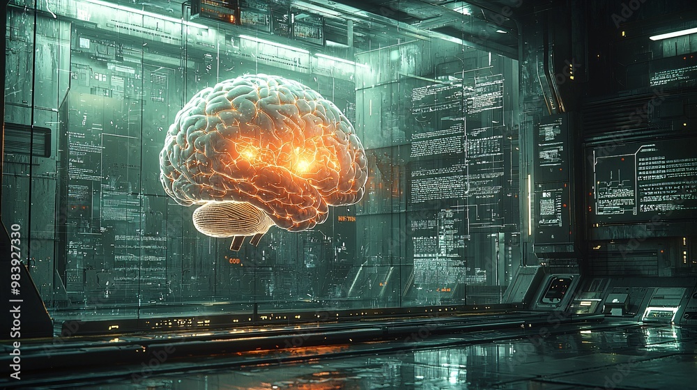 Wall mural a futuristic visual representation of how ms causes the brain to atrophy over time, showing shrinkin