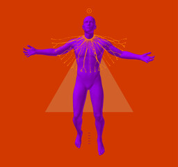 Man spread his arms in different directions. Harmony of soul and body, wisdom or religion concept. State of enlightenment. Man meets eternal. Psychic mind power of meditation. 3D vector illustration.