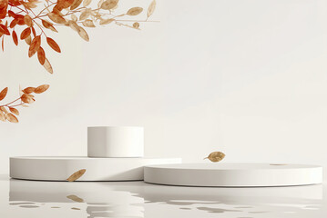 White podium, Cosmetic display product stand with water reflection and dry leaves background. 3D rendering