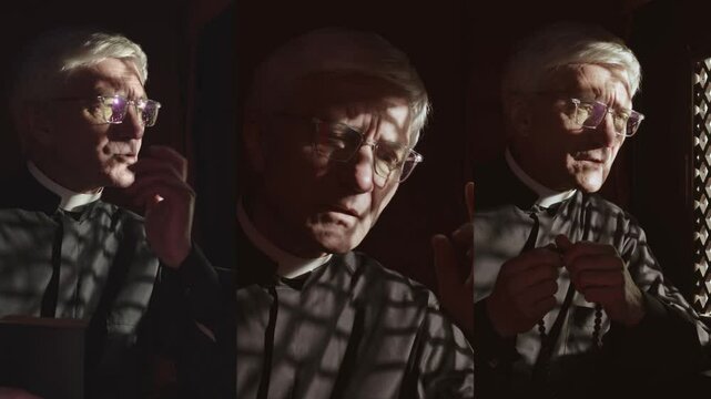 Split screen of old Caucasian priest wearing black robe, white collar and glasses sitting in dark confession room