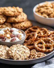 Obraz premium A platter of assorted snacks featuring cookies, pretzels, and a yogurt dip.