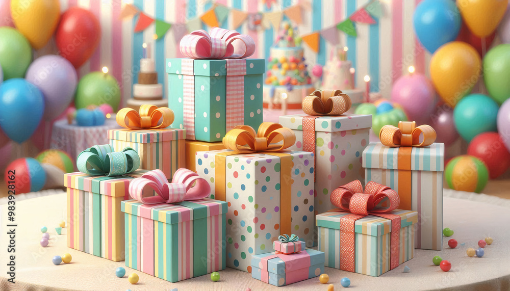 Canvas Prints A colorful birthday scene featuring a stack of gift boxes wrapped in various patterns and ribbons. Background includes colorful balloons and festive flags, creating a joyful atmosphere