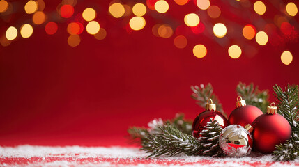 Obraz premium Festive red and gold Christmas ornaments nestled in snow-covered pine branches with blurred holiday lights in the background