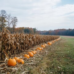 A freshly harvested cornfield with a row of pumpkins placed at the edge, [Thanksgiving], [seasonal harvest]