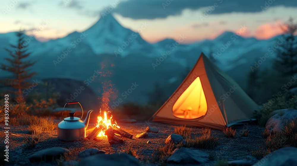 Poster Camp fire and tea pot tent and mountains