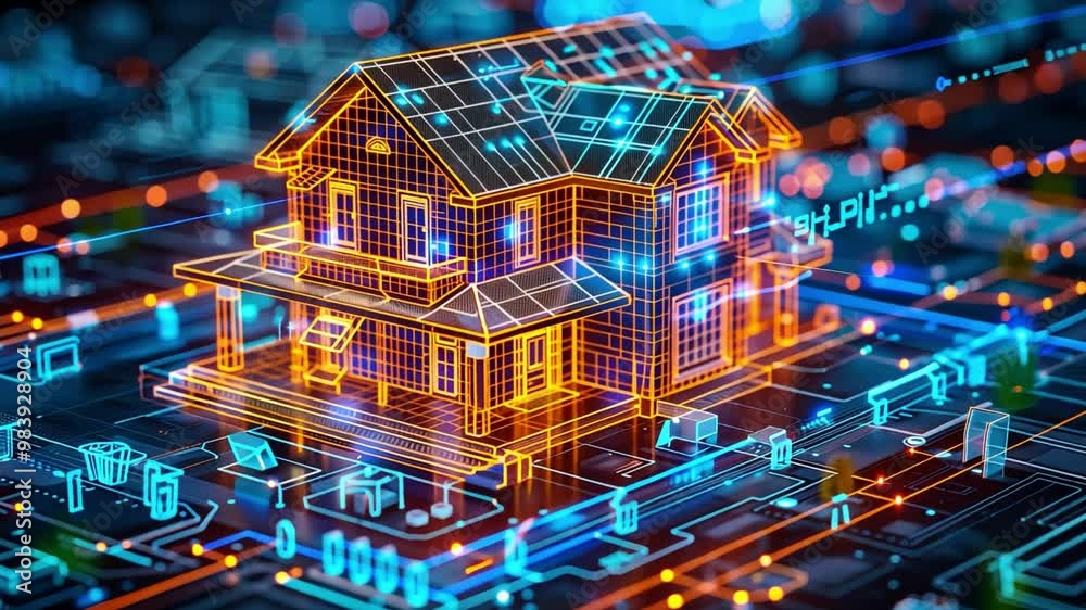 Poster A detailed digital model of a house is displayed on a vibrant backdrop of circuitry and glowing lines, illustrating the blend of architectural design and advanced technology.