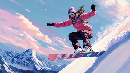 beautiful woman enjoys snowboarding down the mountains, feeling the wind in their hair and conquering snowy peaks 