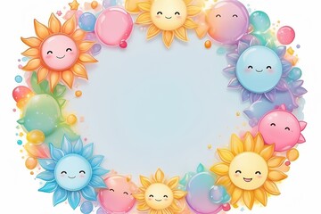 Fototapeta premium cheerful sun and clouds frame with happy faces and vibrant flowers