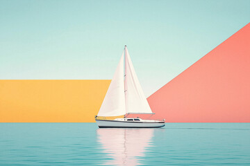 Naklejka premium Surrealistisches Segelboot vor Ägyptischen Pyramiden in einer geometrischen Traumlandschaft, Kunst, Art, Wallpaper, Bildschirm Hintergrund