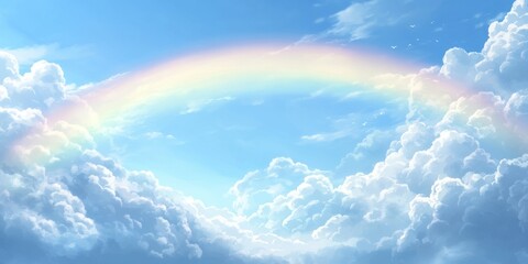 A serene sky scene featuring fluffy white clouds and a soft pastel rainbow arcing across a bright