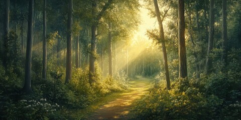 Obraz premium A serene, sunlit path in a dense forest, with tall trees and green underbrush,