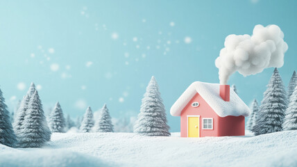 Fototapeta premium A charming house in snowy landscape, surrounded by frosted trees and serene blue sky. smoke from chimney adds cozy touch to this winter scene