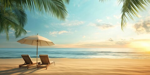 Obraz premium A serene tropical beach scene with two wooden lounge chairs under a large white umbrella,