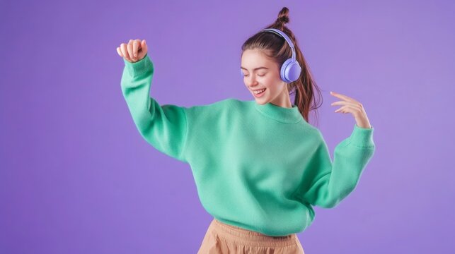 young woman using enjoy dancing listening to music using headphones, with a contemporary youth clothing style. standing in front of a purple background, photo of a female model using headphones