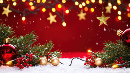 Christmas decorations featuring red ornaments, green pine branches, and warm lights against a festive red background with falling snow