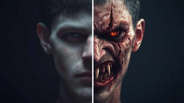 A man's face is split in two, revealing a horrifying demonic visage on the right side, with glowing red eyes and sharp fangs. The contrast between the human and demonic halves is striking.