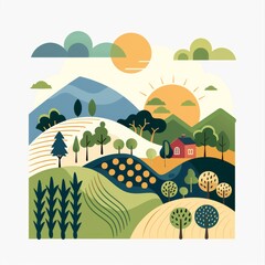 Fototapeta premium Sustainable Vineyard: Eco-Friendly Wine Production in Flat Design Setting