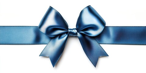A simple and elegant blue satin ribbon tied into a neat bow, stretched horizontally across