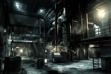 Futuristic industrial factory with neon lights. 3D rendering.