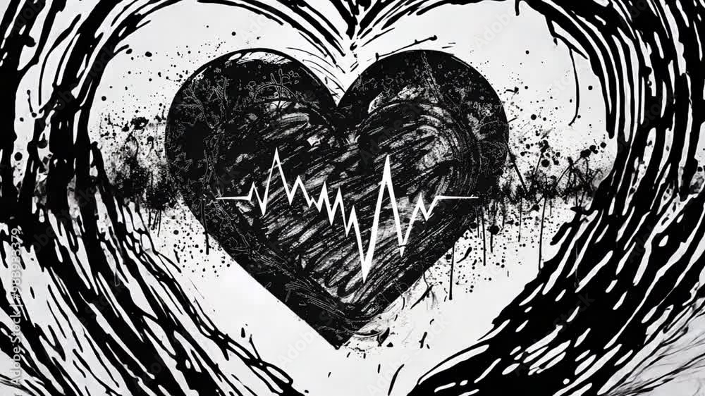 Poster An artistic heart is depicted with a vibrant EKG line running through it, symbolizing the connection between love and health in a unique and creative manner.