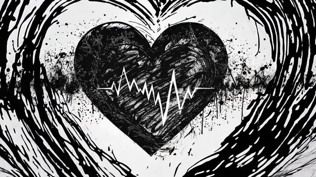 An artistic heart is depicted with a vibrant EKG line running through it, symbolizing the connection between love and health in a unique and creative manner.