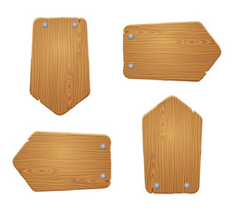 Wooden road sign boards, arrow shaped banners from wood plank. Old rustic timber panels isolated on white background. Icons of direction pointers, vector illustration