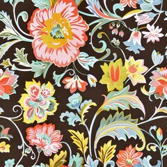 Chintz and pastels floral pop color on brown background seamless repeating pattern 6