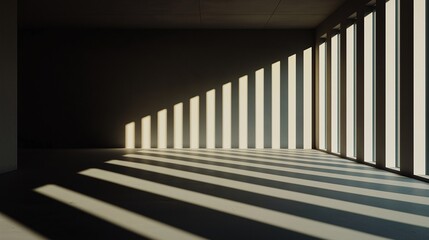 Fototapeta premium Sunlit Minimalism: Light dances through towering windows in this minimalist space, casting long shadows on the floor.