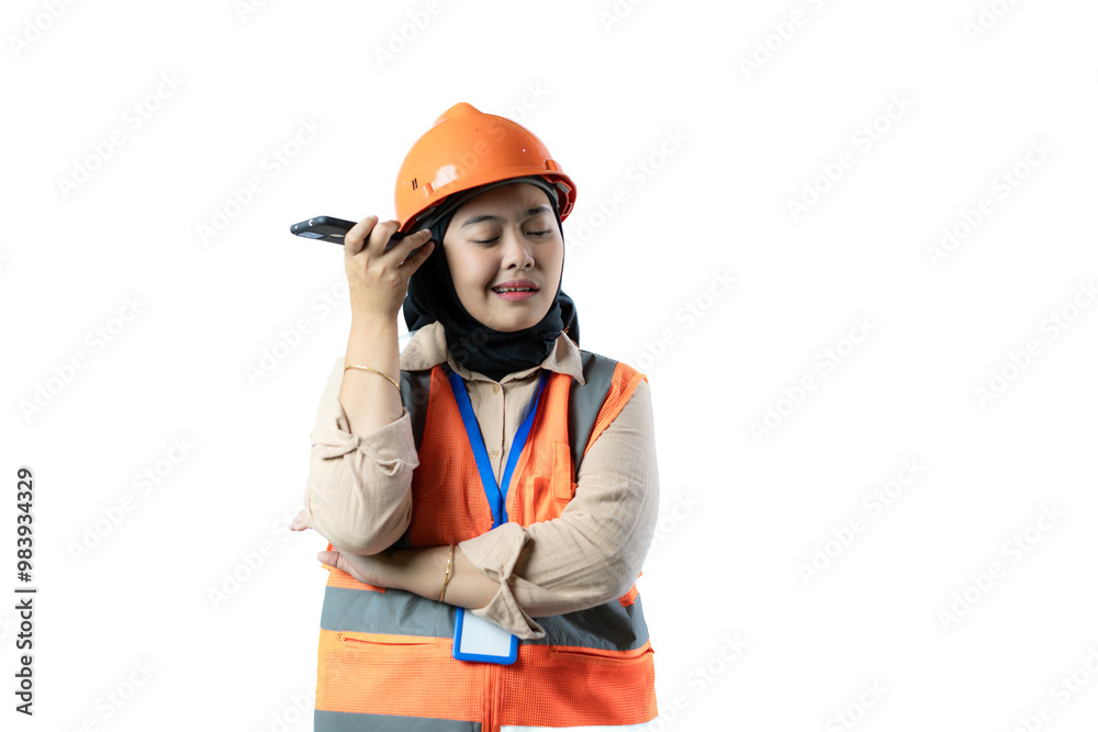 Wall mural young asian female construction worker in hijab who looks very angry while on a voice call, industri