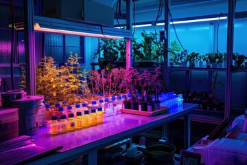 Neon color plant biotechnology laboratory with moody lighting as genetic lab illustration 1