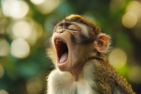 Young macaque monkey yawning in the jungle