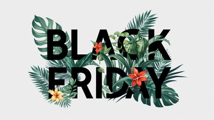 black Friday lettering with tropical plants leaves and flowers design on plain white background