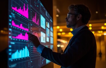 Urban professional presenting data on an interactive digital wall at night in a modern office