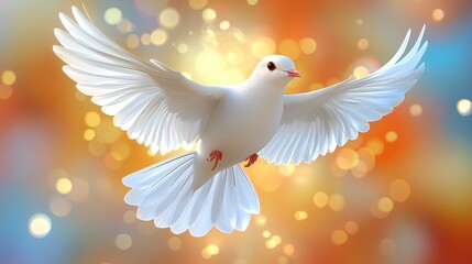 Fototapeta premium A graceful white dove in flight, symbolizing peace and freedom against a soft, colorful background of light and warmth.