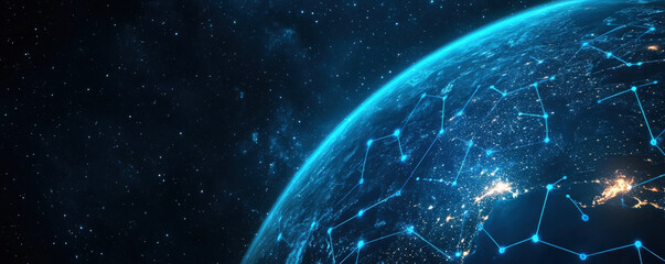 Obraz premium Global network of connected devices prominently displayed alongside digital marketplaces across the entire width of the banners 