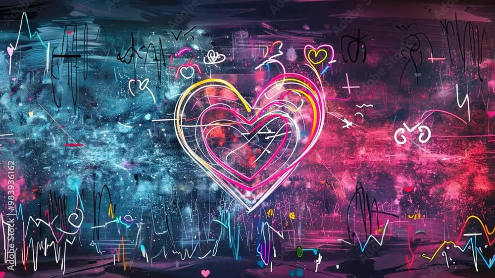 Poster a vibrant abstract representation of a heart formed with bright colors and swirling lines, capturing