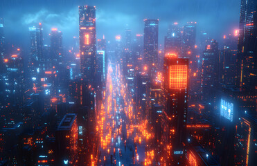 A Futuristic Cityscape at Night Illuminated by Neon Lights

