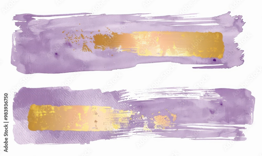 Wall mural purple and golden painted grunge stains and lines set, abstract rectangular banners