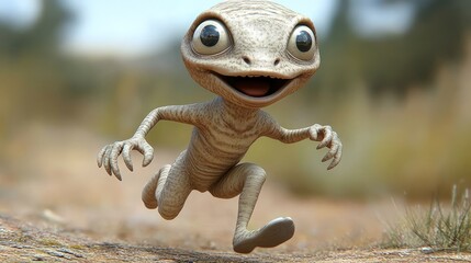 Obraz premium A playful cartoon creature with big eyes, joyfully running in a natural landscape, capturing a whimsical and adventurous spirit.
