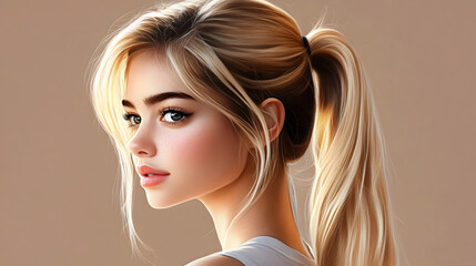An illustration of a beautiful young woman with blonde hair and a ponytail hairstyle. This illustrates the personality, fashion, and beautiful face of a young woman.