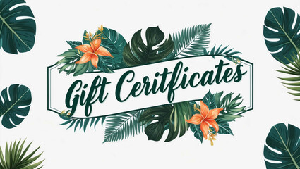 Gift certificates lettering with tropical plants leaves and flowers design on plain white background