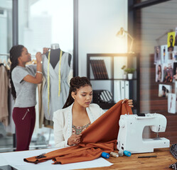 Woman, dress and fashion designer with sewing machine for clothing production or manufacturing...