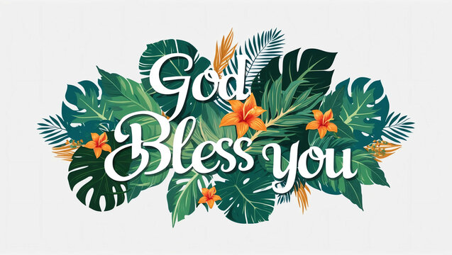 God bless you lettering with tropical plants leaves and flowers design on plain white background
