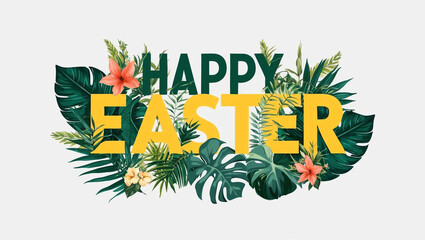 Obraz premium happy easter lettering with tropical plants leaves and flowers design on plain white background